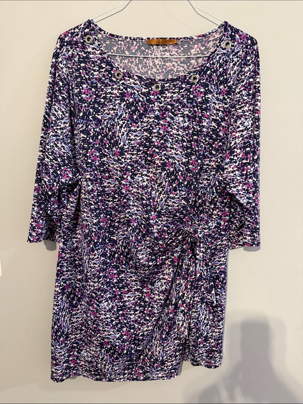 Belldini Purple Patterned Long-Sleeve Tie-Detail Dress